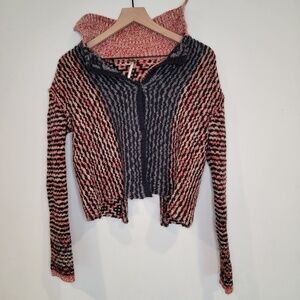 Free People Small Knit Cardigan Jacket Button Up Sweater Red Navy FREE SHIPPING